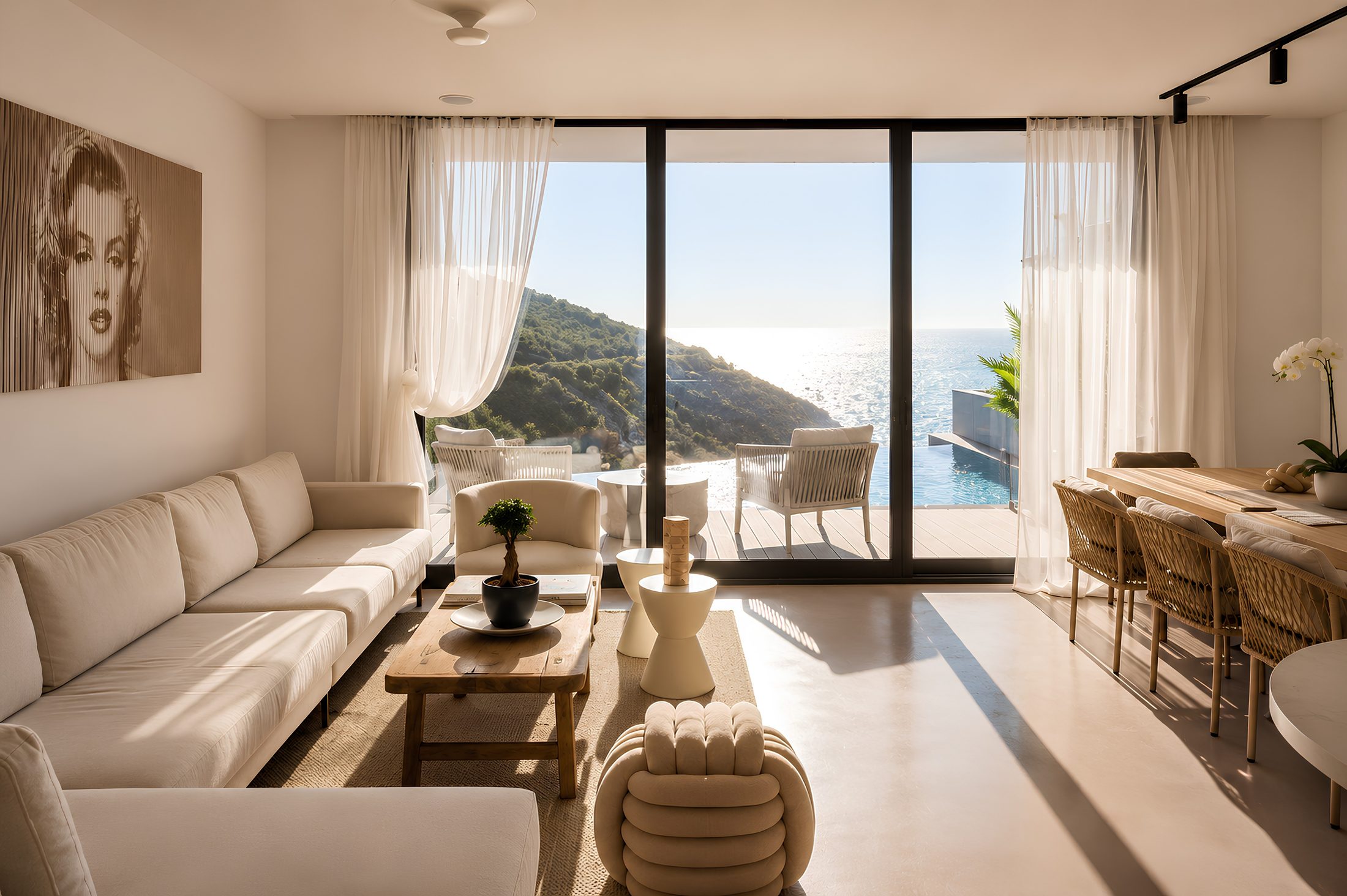 Open-plan living room with sea view