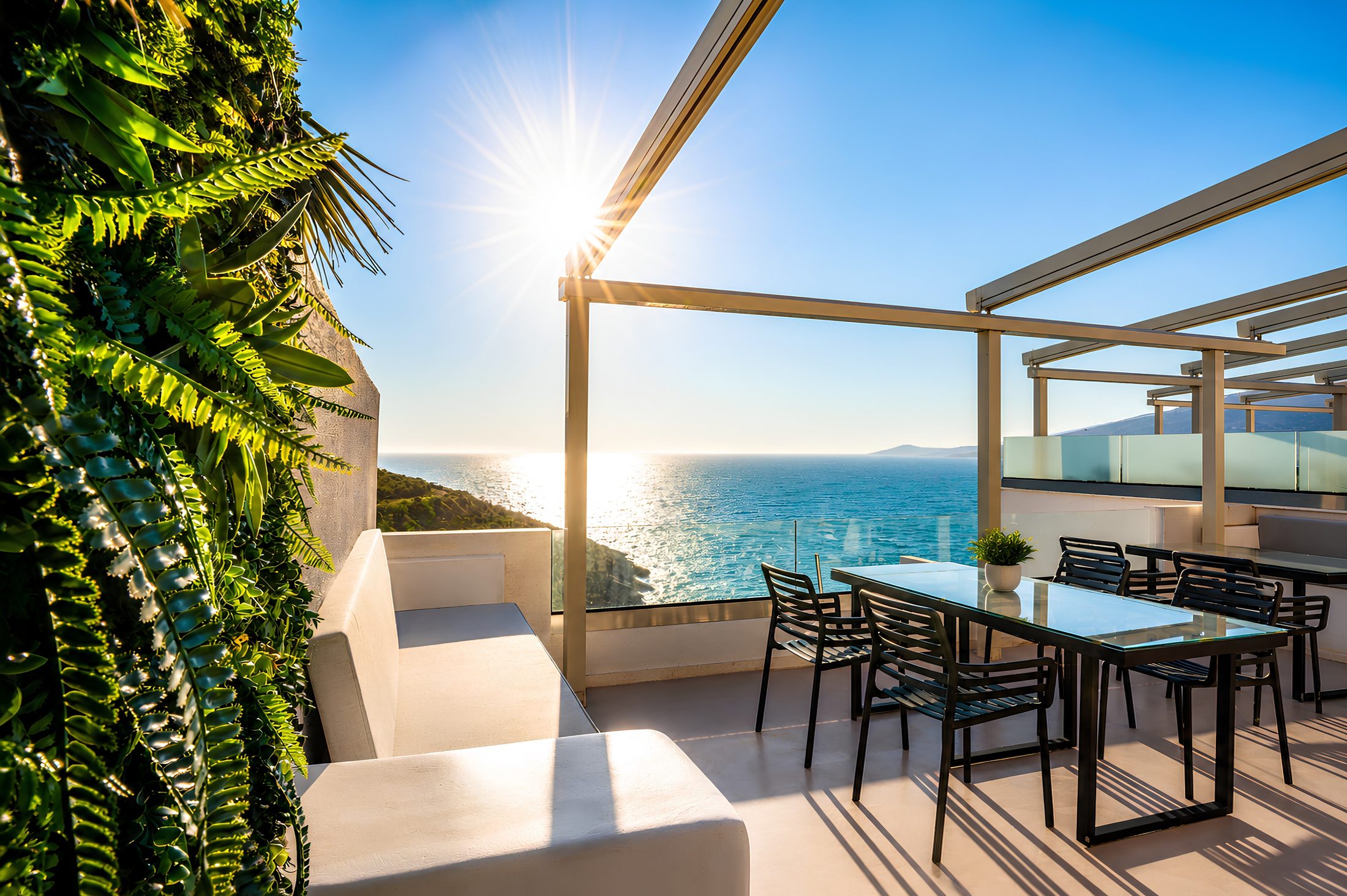 Pergola terrace dining at sunset